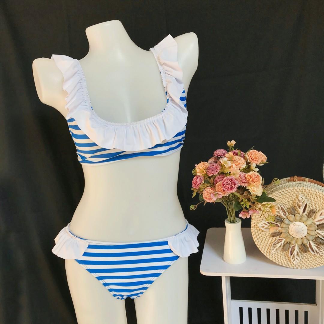 White And Blue Stripe With Ruffles Two Piece Swimsuit Bikini Women S Fashion Swimwear Bikinis Swimsuits On Carousell