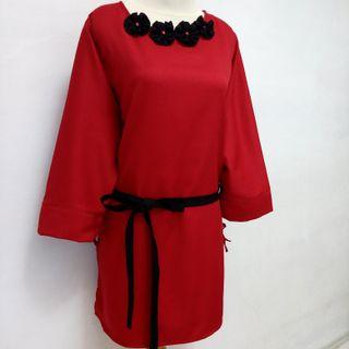 💟   Top baju atasan tunik wanita merah maroon hitam polos simple dengan tali pita murah cantik baru M-L