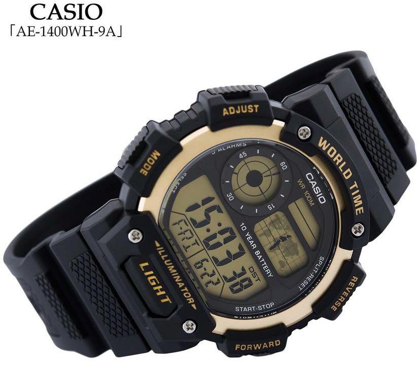 Casio Illuminator AE 1400WH 9A Digital Quartz Watch AE1400WH 9A Black Strap AE1400 Gold Brand New Men s Fashion Watches Accessories Watches on Carousell