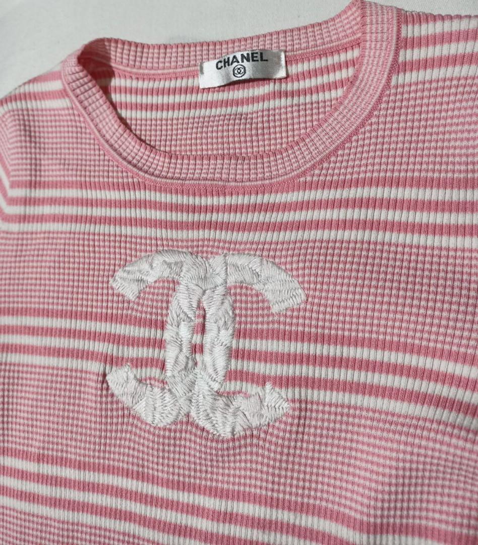 Chanel pink striped knit shirt, Women's Fashion, Tops, Blouses on Carousell