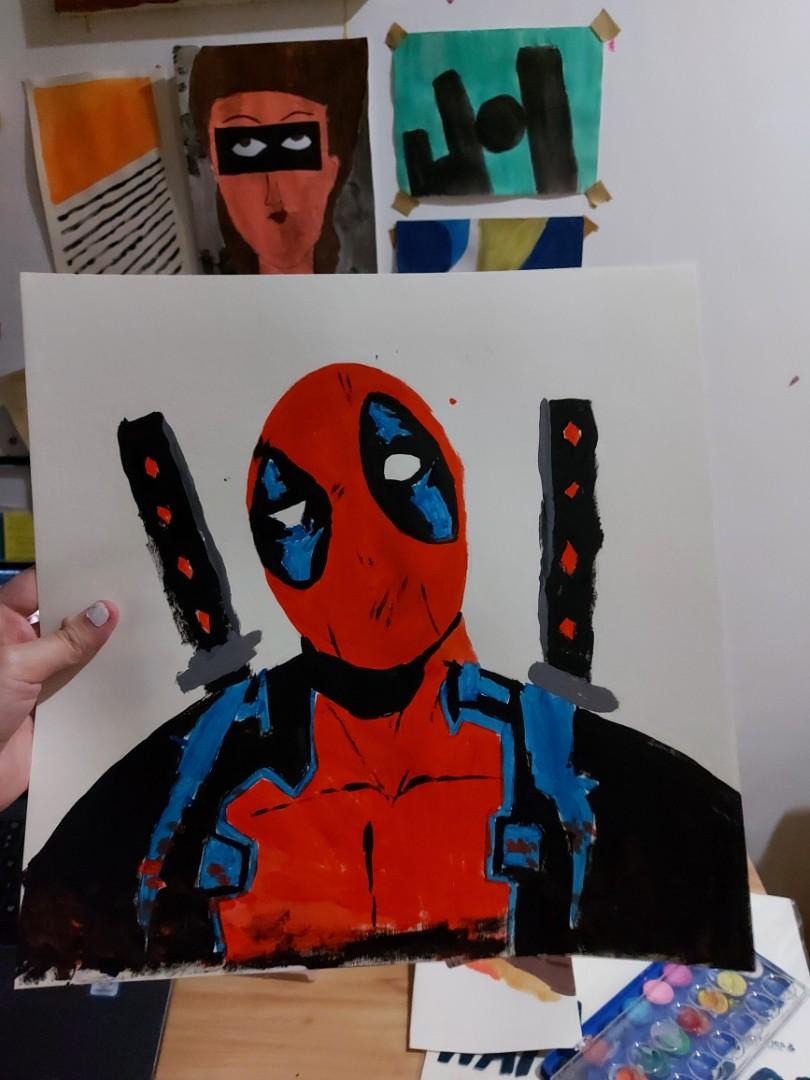 Deadpool Popart Painting (Category: Art & Prints) located in Makati City. Submitted by chewyy.j (Listing ID 1084427543, Image 1). Description: I painted this on a watercolor paper. U may request a character u want, just send me a photo help me fund my tuition :(.