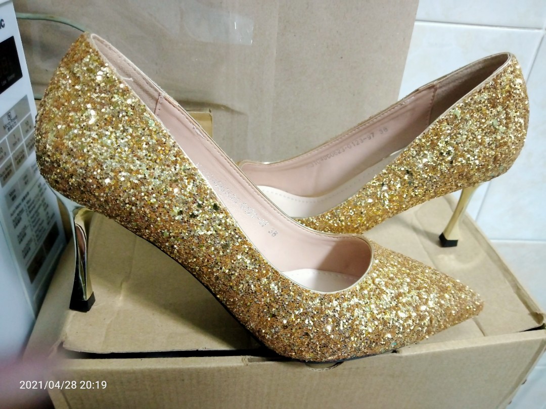 Gold Glitter Pointed Heels Women s Fashion Footwear Heels on