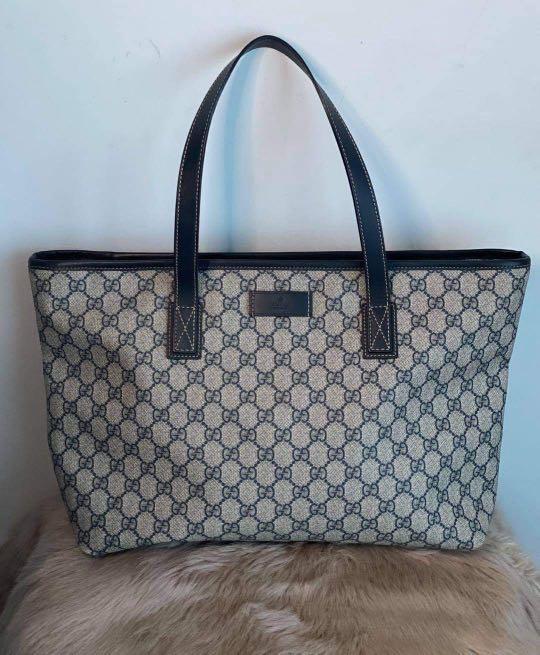 GUCCI Blue Beige GG Coated Canvas Medium Tote Bag