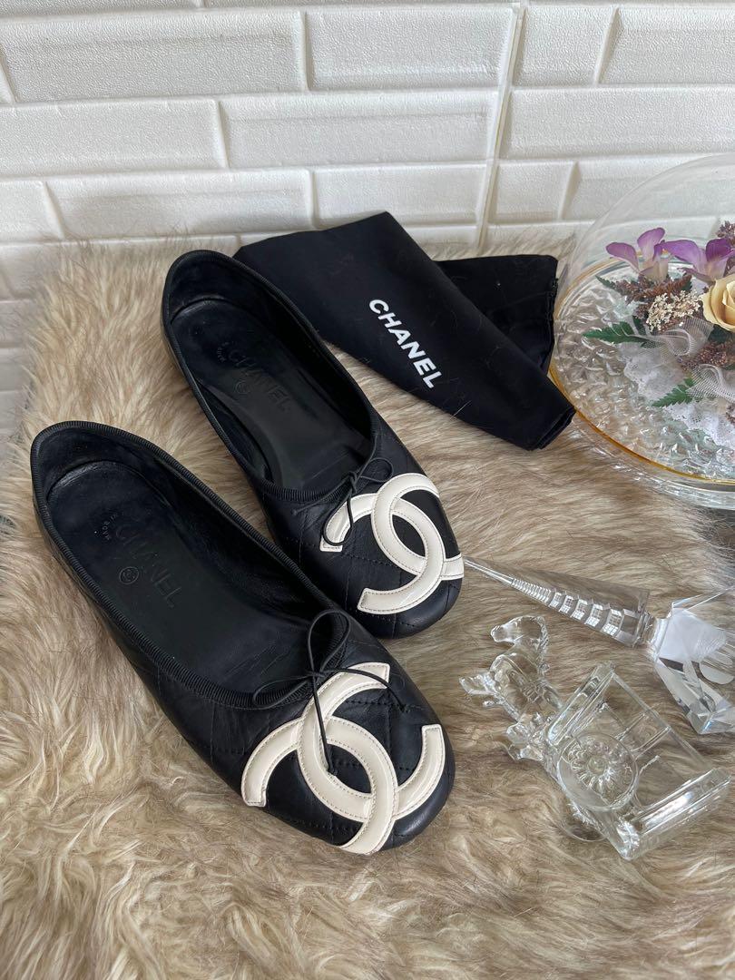 Chanel Quilted Cambon Leather CC Ballet Flats in Black / White