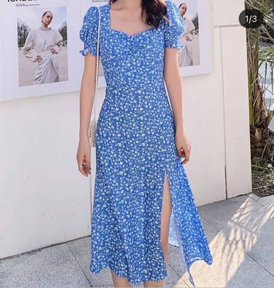 Blue Floral Milkmaid Midi Dress, Women 