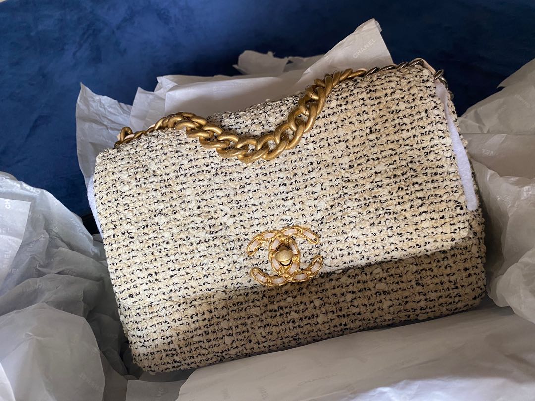 Chanel 19 in Small Cookies and Cream Tweed, Luxury, Bags & Wallets on  Carousell