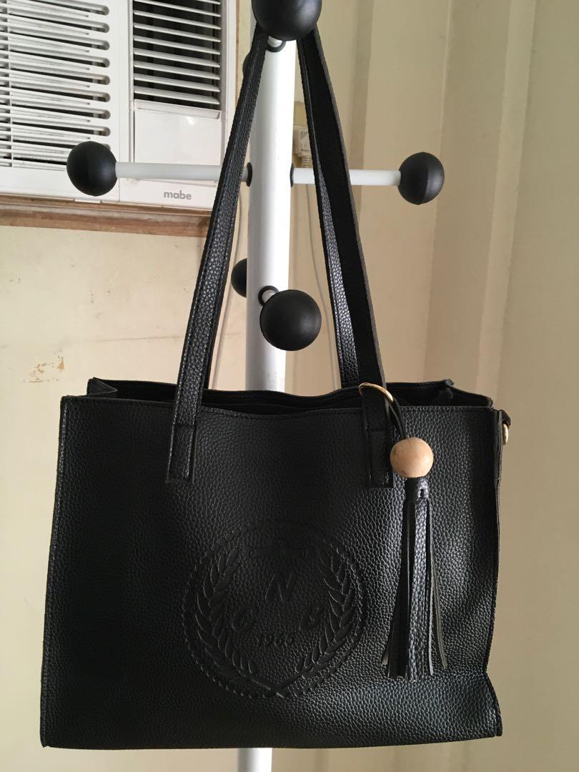 G N B 1965 2way leather black medium bag with etekita, Women's Fashion, Bags & Wallets, Tote