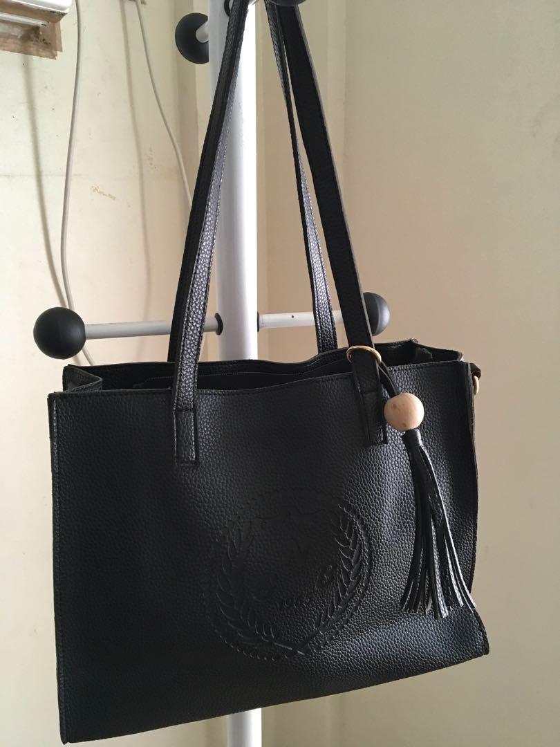 G N B 1965 2way leather black medium bag with etekita, Women's Fashion, Bags & Wallets, Tote