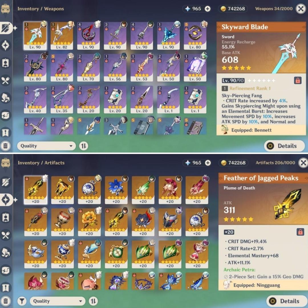 Xiao, Jean, Qiqi, Zhongli, Albedo, Skyward Blade, Amos Bow Genshin