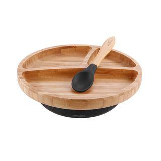 Avanchy Bamboo Suction Toddler Plate + Spoon (Black)