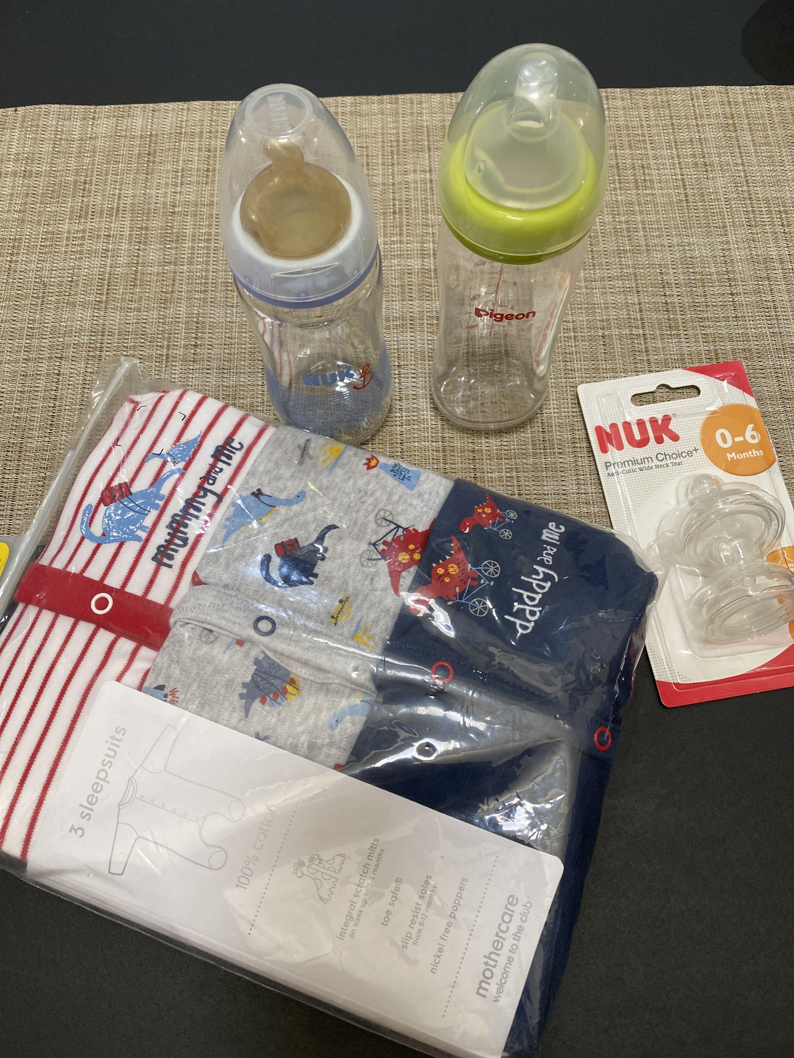 Bottles 1 nuk and 1 pigeon and 0 6months teats and sleepsuits 3