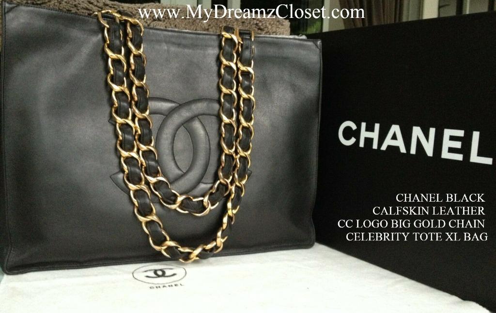 CHANEL BLACK CALFSKIN LEATHER CC LOGO BIG GOLD CHAIN CELEBRITY TOTE XL BAG Women s Fashion Bags Wallets on Carousell