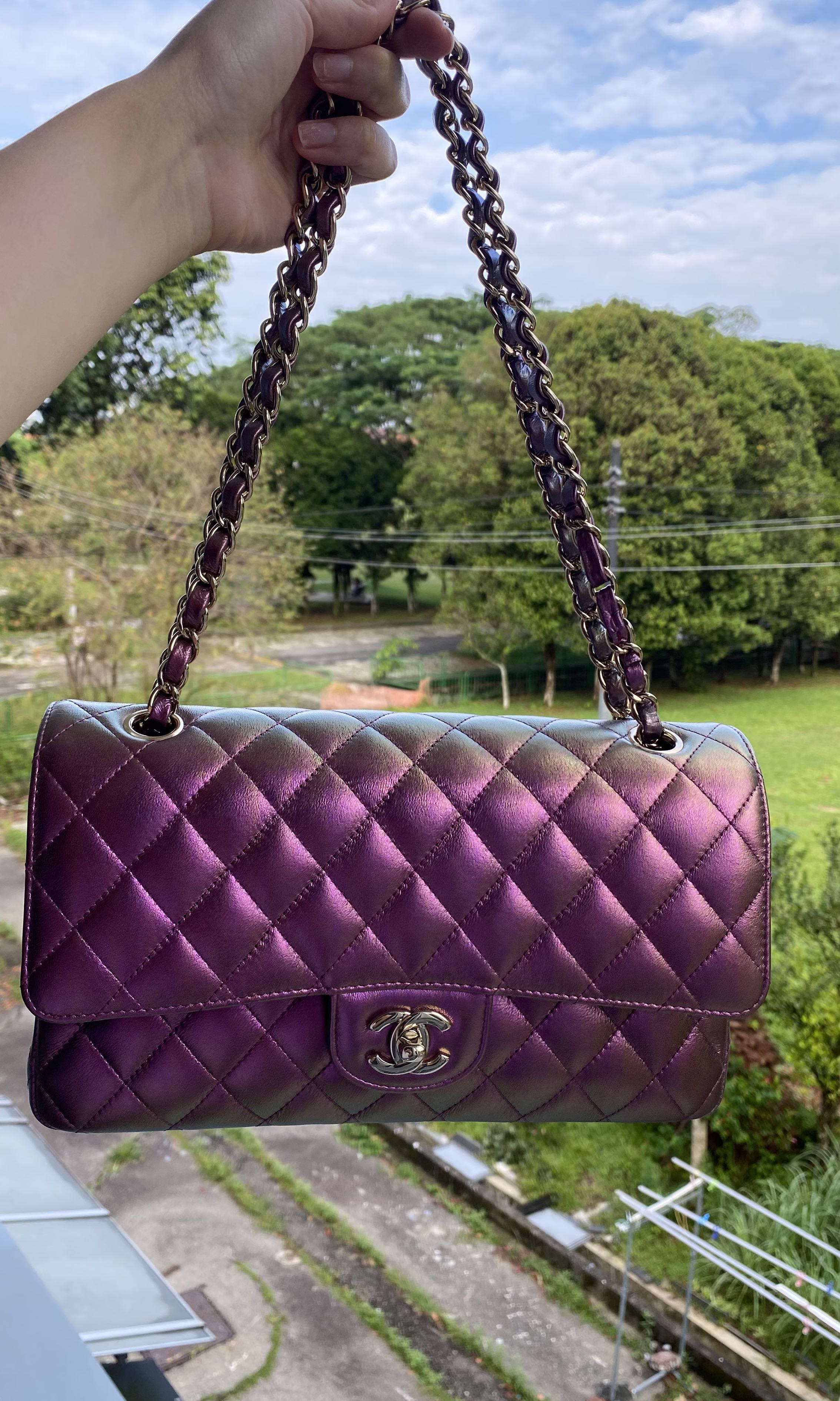 Chanel Classic Medium Flap Bag Iridescent Purple, Luxury, Bags