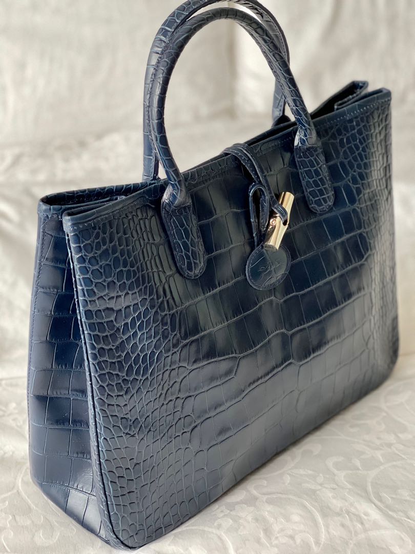 LONGCHAMP ROSEAU LEATHER BAG IN BLUE CROCO FABRIC TOTE HAND BAG