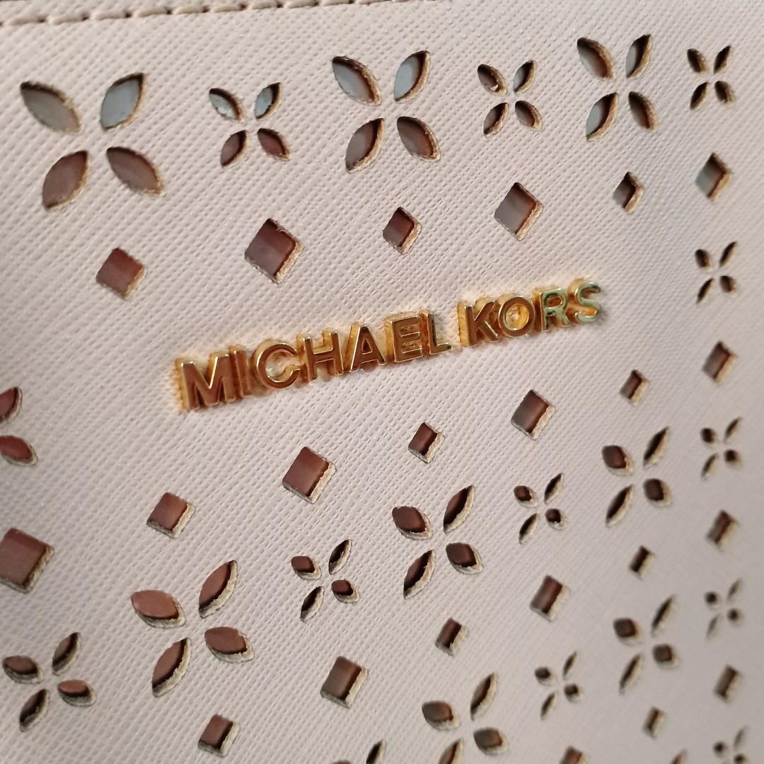 Michael Michael Kors White/Gold Laser Cut Leather Medium Hayley Tote  Michael Kors
