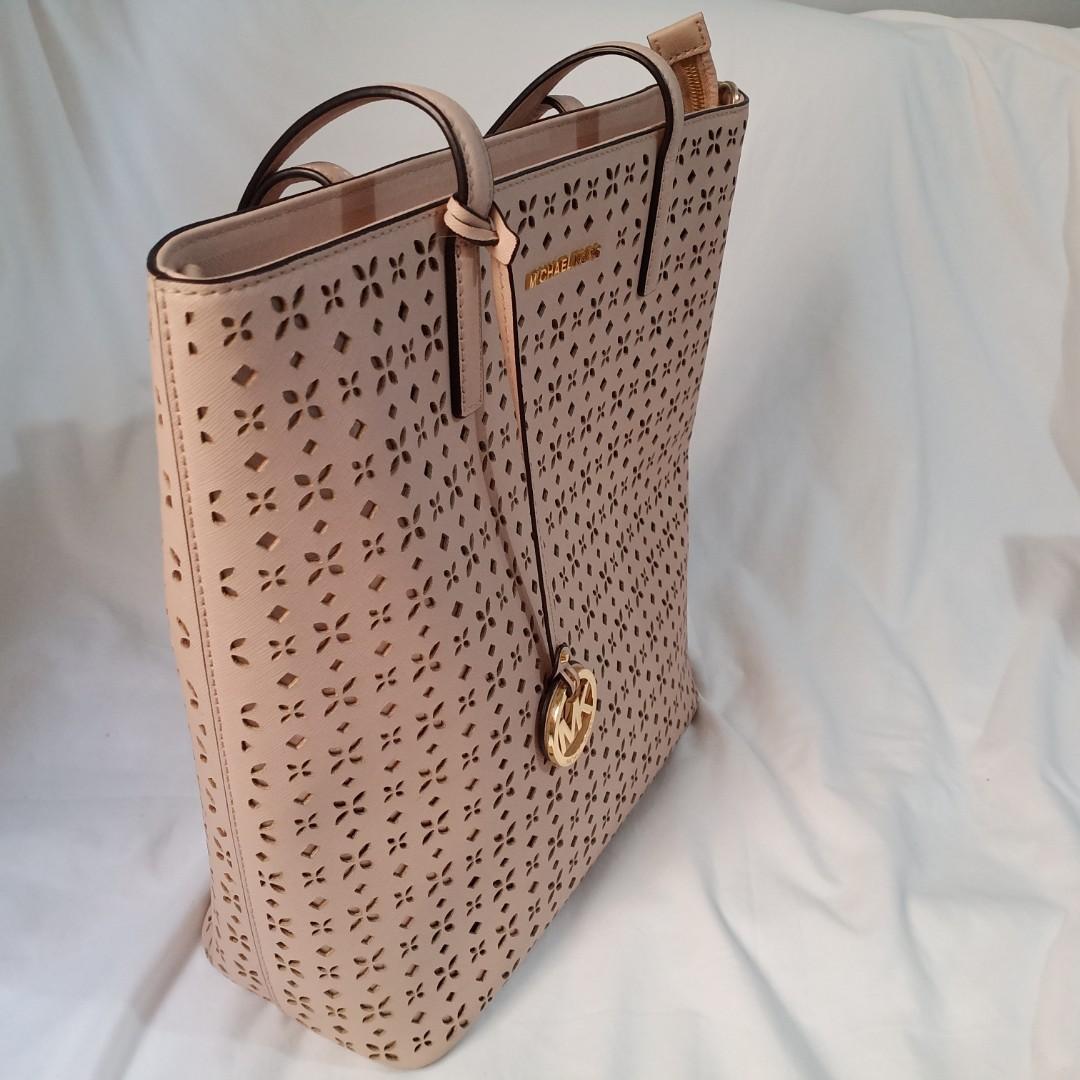 Michael Michael Kors White/Gold Laser Cut Leather Medium Hayley Tote  Michael Kors