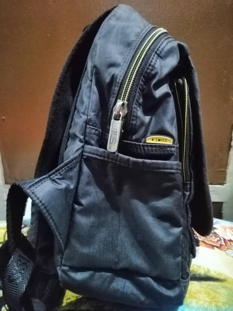 Original K-Swiss Backpack (Category: Backpacks) located in Pasay City. Submitted by wearwithflair_1531 (Listing ID 1079221633, Image 3). Description: Original preloved K-Swiss medium black backpack, has minimal signs of usage. In a very good condition.