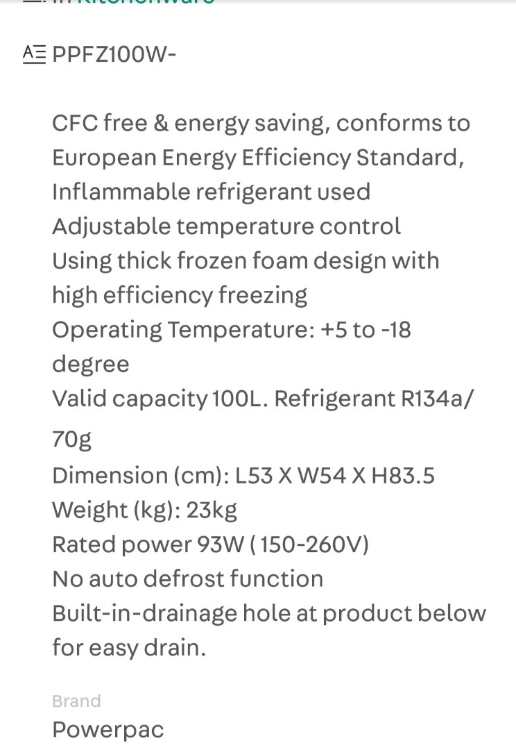 100L chest freezer powerpac used for breast milk storage, TV & Home Appliances, Kitchen