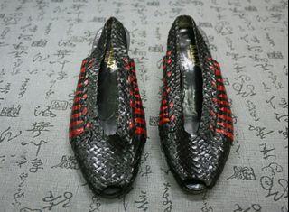 法國製 Bally 高級真皮編織粗跟涼鞋