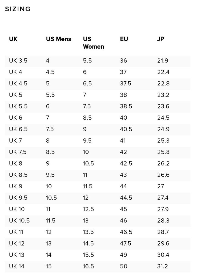 Jack purcell size chart top
