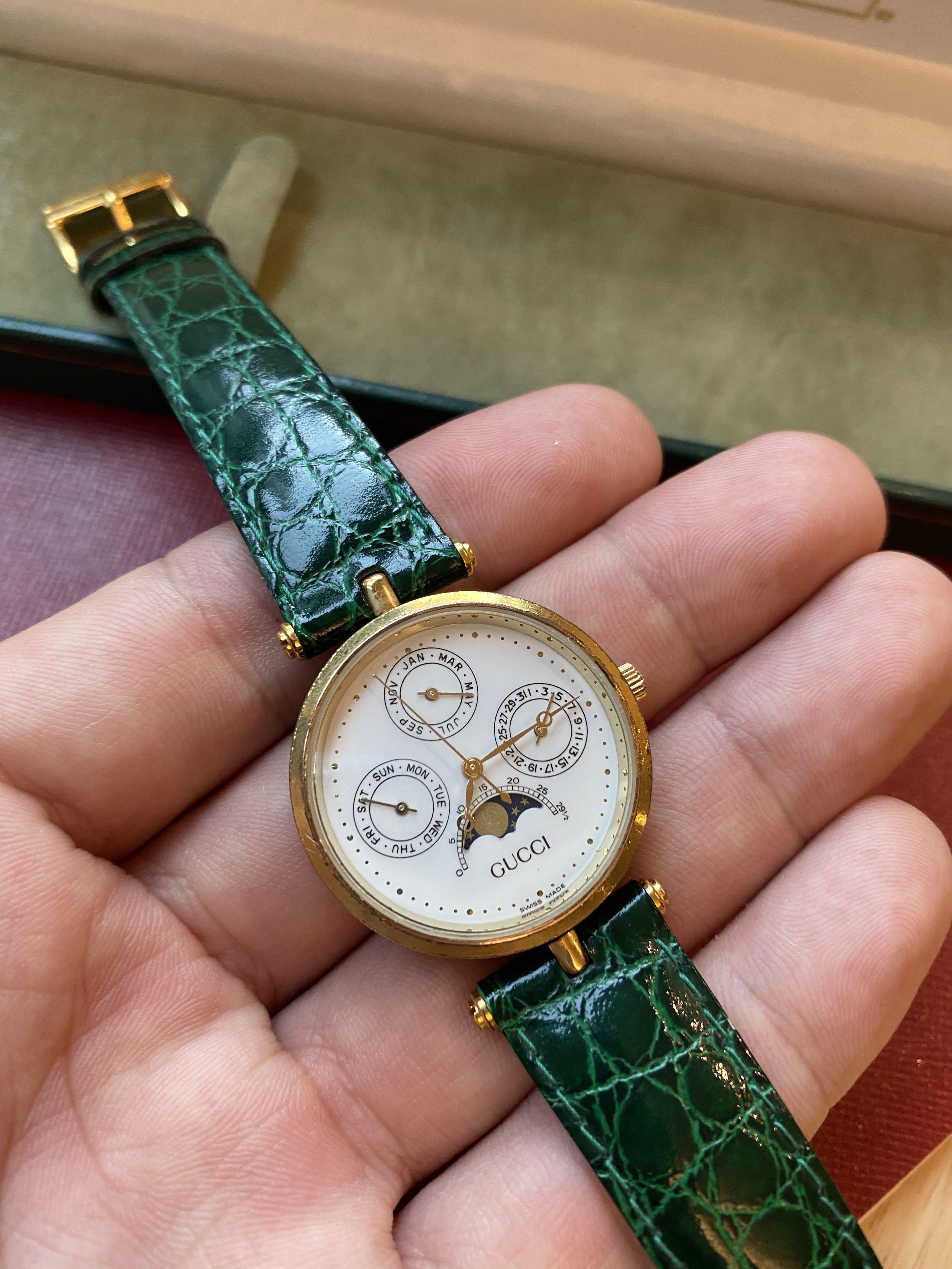 GUCCI Moonphase Certificated Authentic Watch Green Leather Luxury