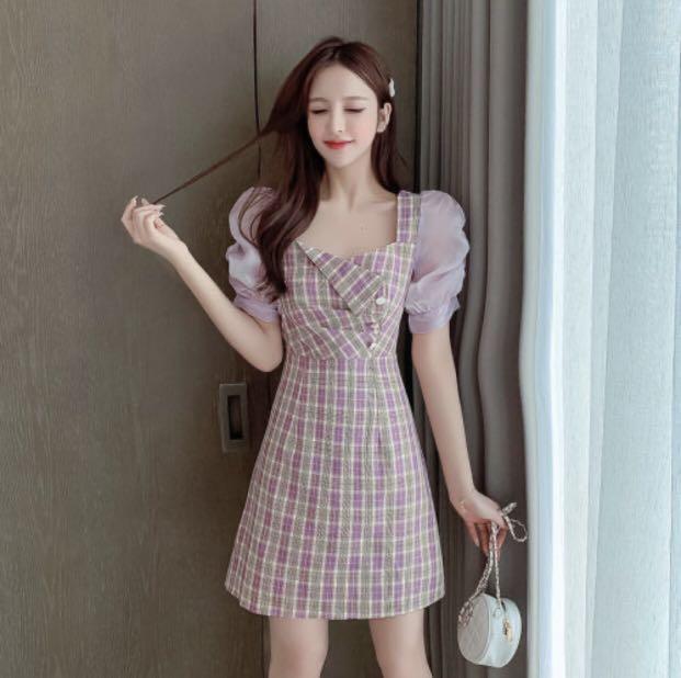 korean style purple mini dress, Women's ...