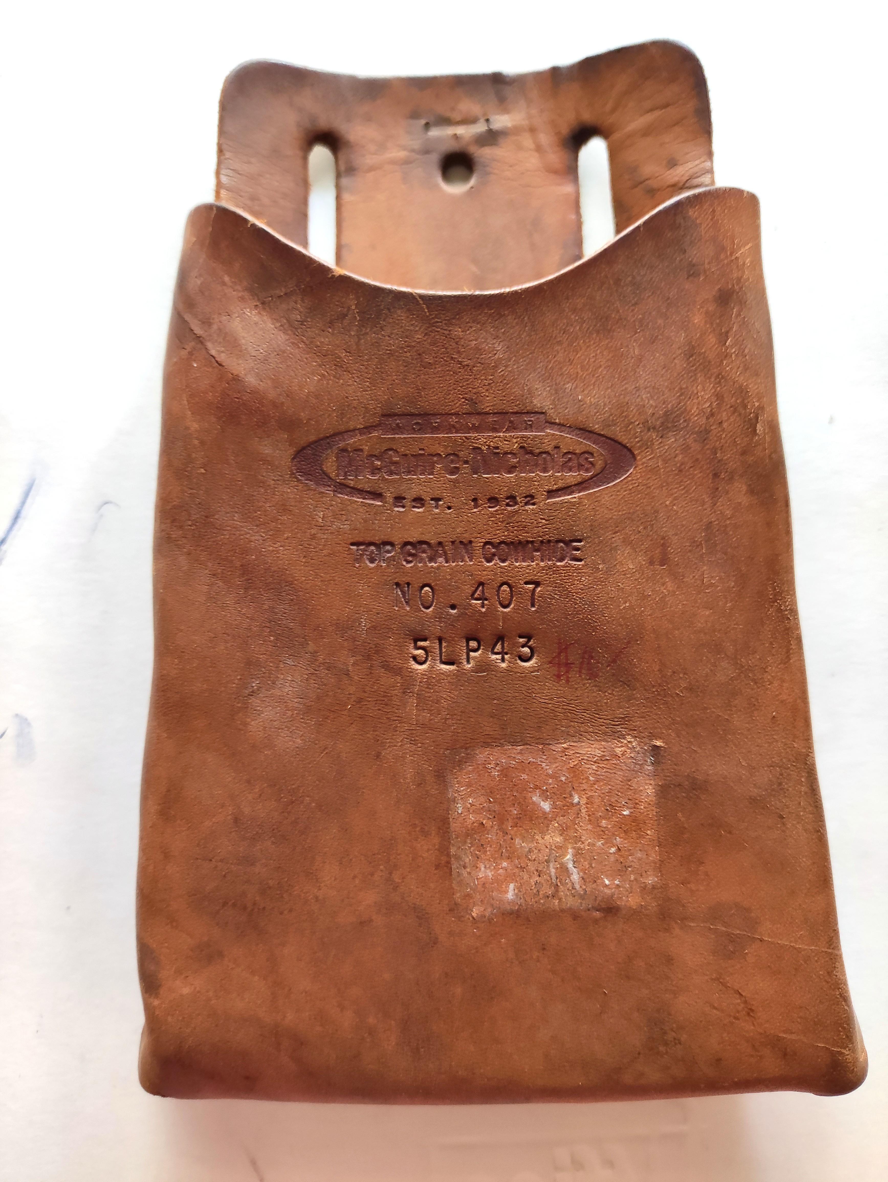Mcguire Nicolas Cowhide Leather Tool Pouch (Category: Construction Tools & Equipment) located in Caloocan City. Submitted by dianethriftstore (Listing ID 1084768535, Image 2). Description: cowhide leather top grain tool holder. waist belt bag has few discolorations due to storage 2 pcs available PHP520/pc location Caloocan.