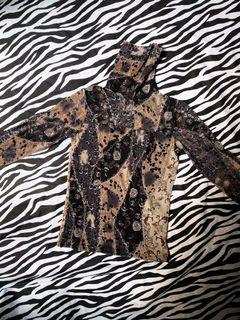 Mesh sheer turtleneck thrift y2k top model off duty paisley abstract brown black