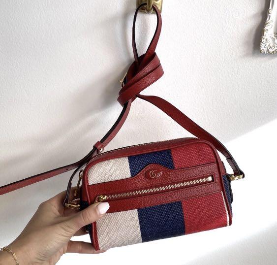 Gucci Gg Ophidia Stripe Mini Ophidia Handbag White Red Blue Canvas