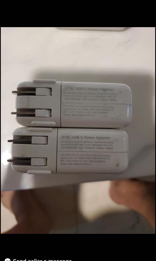 Original MacBook USB type C chagers (Category: Chargers) located in Cainta. Submitted by jtc23 (Listing ID 1084837208, Image 2). Description: Original MacBook USB type C chagers. 61w: PHP 2,500 87w: PHP 3,200.