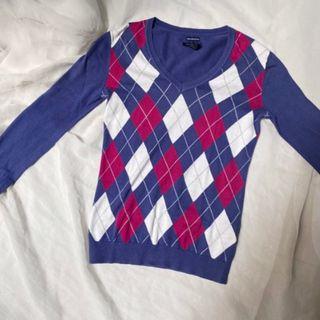 Tommy Hilfiger argyle sweater cardigan blue pink purple  thrift y2k knitwear outer rajut ketupat