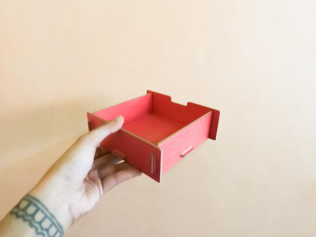 Collapsible Drawer - Small (Category: Storage Boxes & Baskets) located in Makati City. Submitted by titaarlet (Listing ID 1079436962, Image 3). Description: made of woodish thin board that are assembled into a tiny drawer. has pastel green too, check last photos RFS Decluttering.