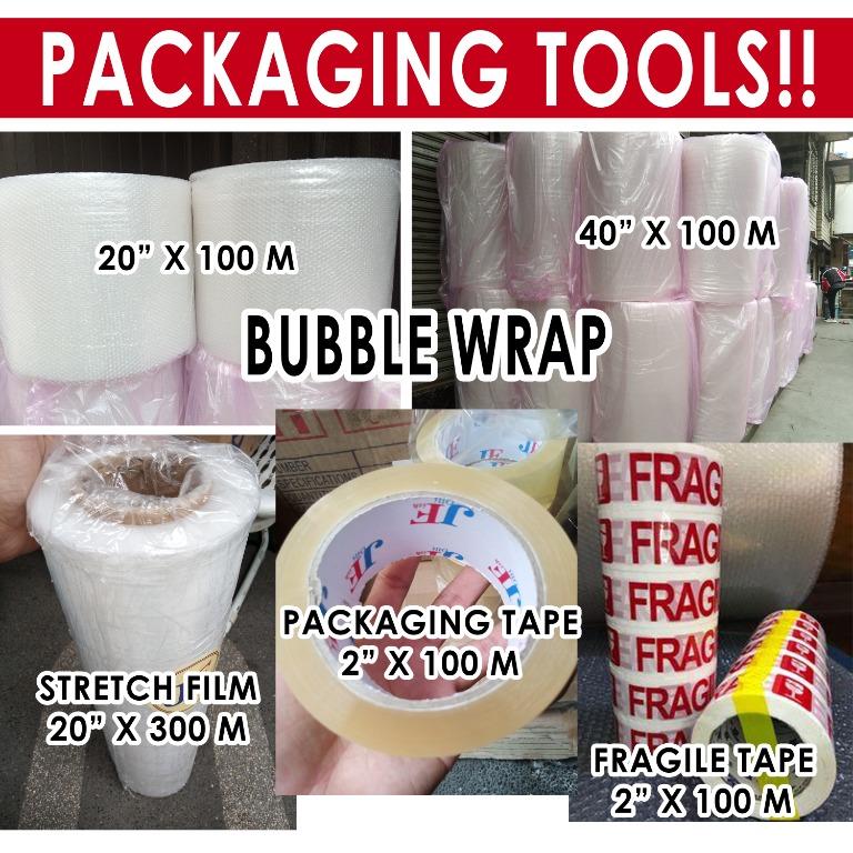 PACKAGING TOOLS . BUBBLE WRAP . STRETCH FILM . PACKAGING TAPE . FRAGILE TAPE . (Category: Craft Supplies & Tools) located in Malabon City. Submitted by overflowph (Listing ID 1079539465, Image 1). Description: Good quality Bubble Wrap Makapal malinis clear Bubble. Good for packaging items. Bubble wrap 40" x 100 meters 20" x 100 meters Fragile tape 2" x 100 meters Clear Packaging Tape 2" x 100 meters Stretch film 20" x 300 meters Open for Solo and