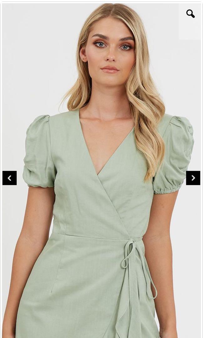 The Fated Zenith Wrap Sage Green Midi Dress, Women's Fashion, Dresses