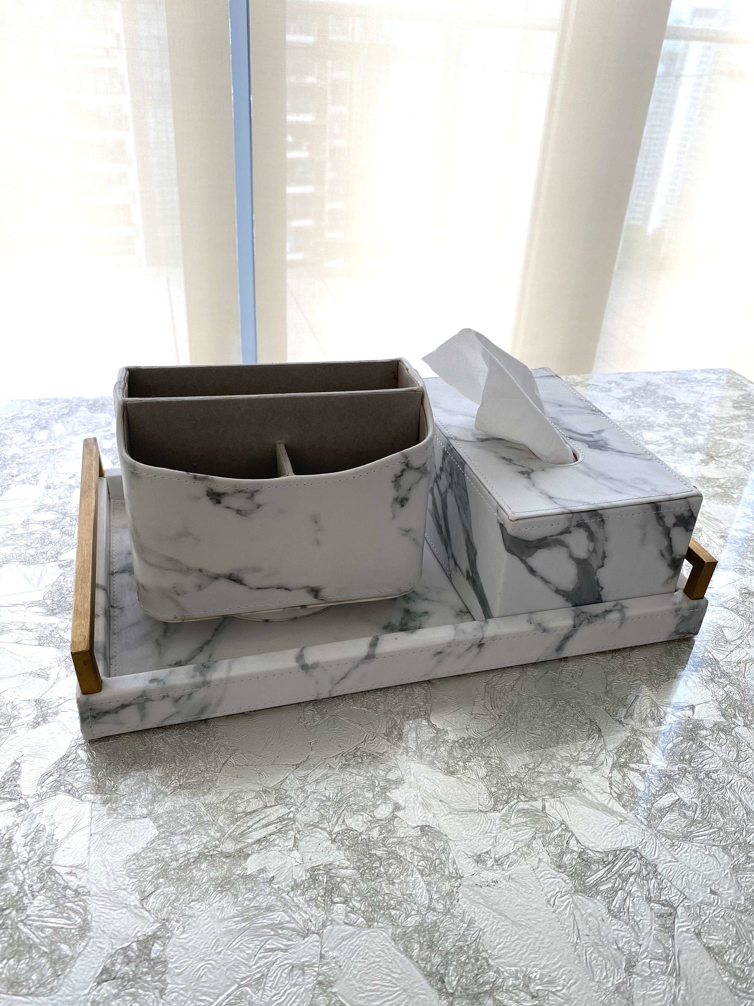 USED Tissue Box Remote Control Holder Tray Set in Marble White/Gole