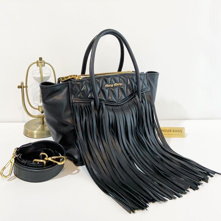 Authentic Miu Miu Biker with Fringe Shoulder Bag in Black Nappa Leather R1032F