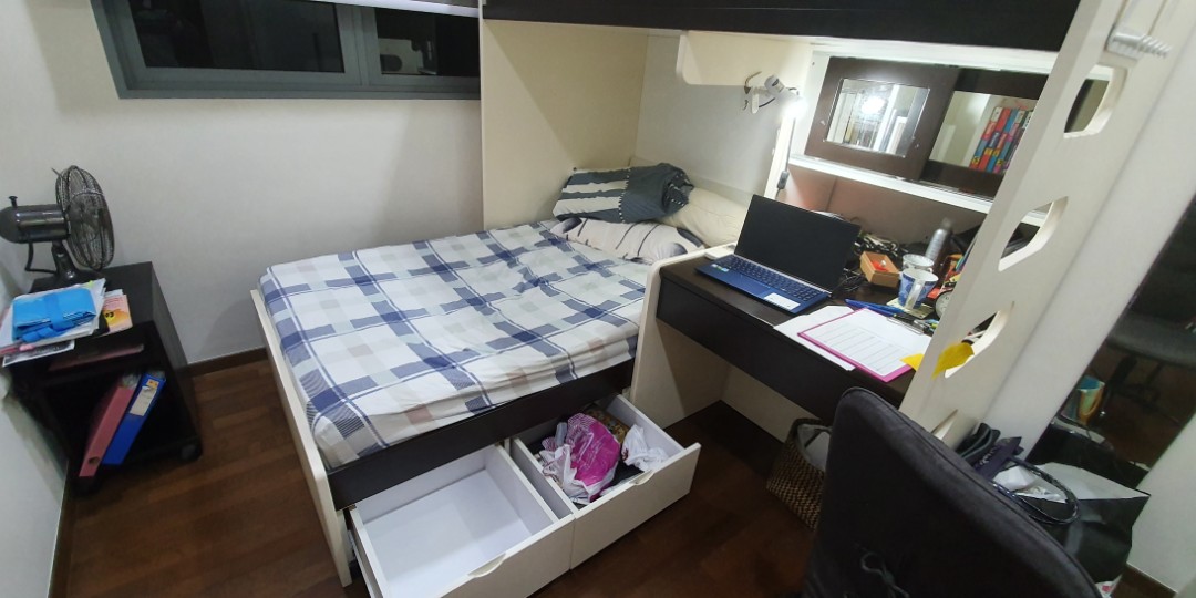 Custom Double Bed Frame Set with Study, Furniture & Home Living