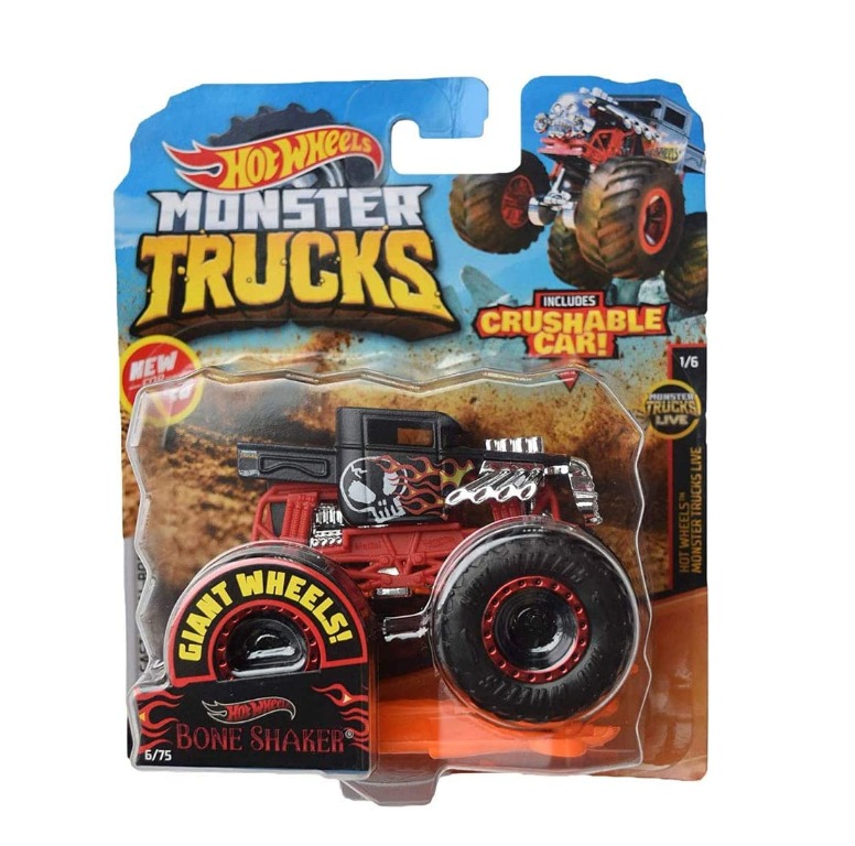 Hot Wheels Monster Trucks 1:64 Scale Bone Shaker Crushable Car 6/75,  Black/red