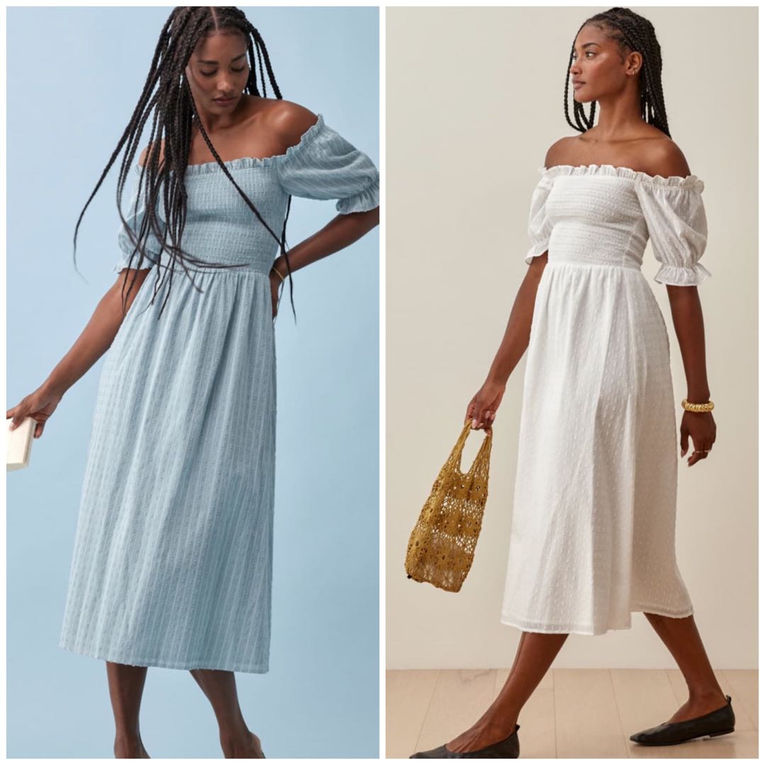 Reformation Arianna Midi Maxi Dress authentic Celadon Stripe Blue Ivory white Women s Fashion Dresses Sets Dresses on Carousell