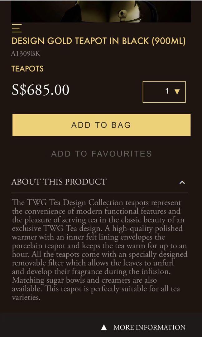 TWG Tea Design Gold Teapot in Black (900ml), Furniture & Home Living