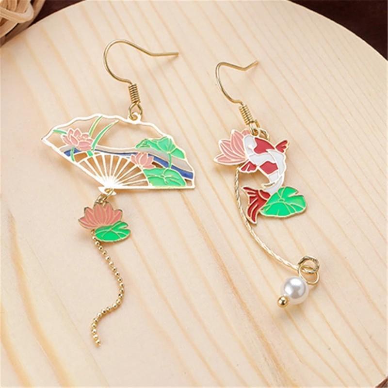 Koi Fish Oriental Fan Earrings with Pearl and Lotus Flower