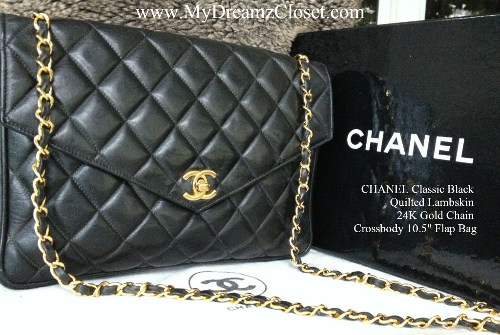 100% Classic CHANEL Black Quilted Lambskin 24K Gold Chain 10