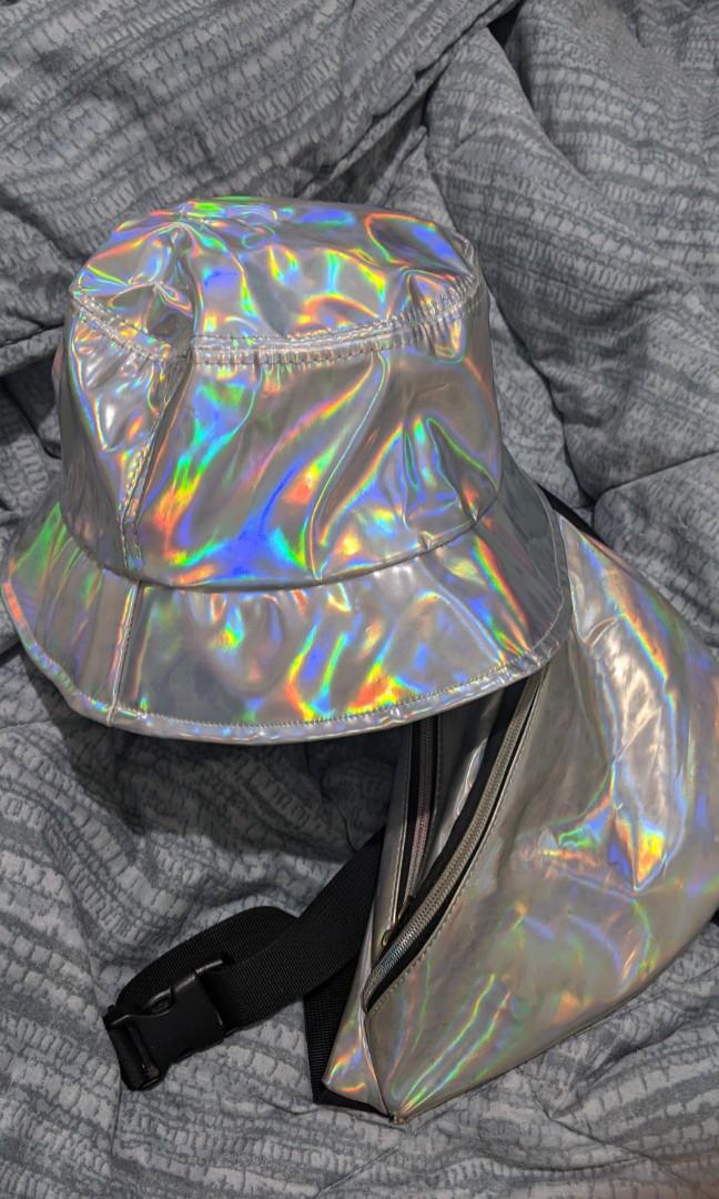 Quilted Black Hat Reflective Fabric Hat Holographic Bucket 