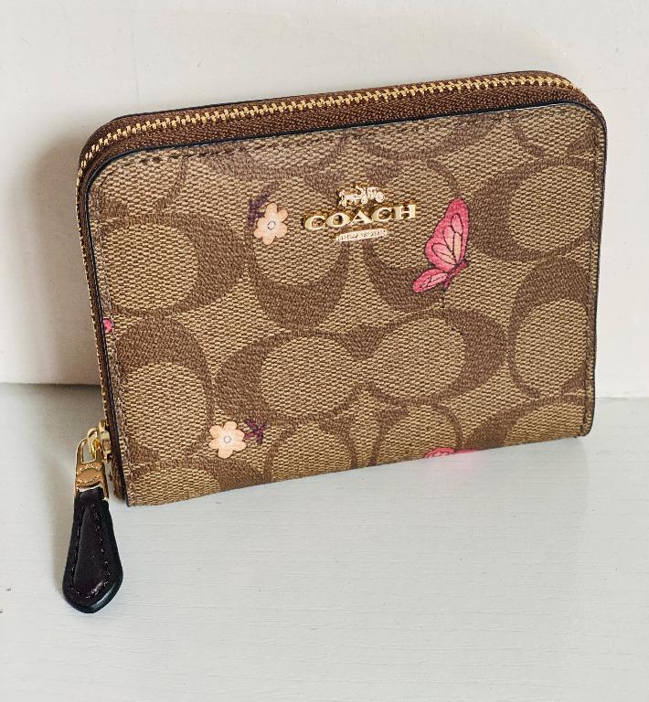 NEW! COACH SIGNATURE BUTTERFLY PRINT SMALL ZIP AROUND WALLET IN KHAKI BROWN  PINK $178 SALE, Women's Fashion, Bags u0026 Wallets, Wallets u0026 Card holders on  Carousell