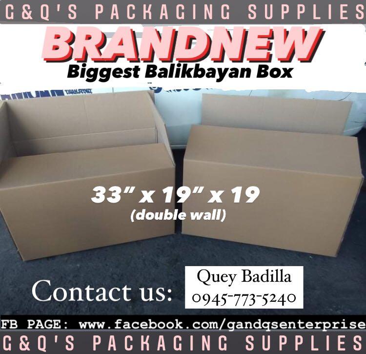 Brandnew & 2ndhand Corrugated box atbp. (Category: Storage Boxes & Baskets) located in Quezon City. Submitted by gq.packagingsupplies.ph (Listing ID 1080056949, Image 3). Description: BRANDNEW BALIKBAYAN BOX 🛒33” x 19” x 19” biggest heavy duty / double wall 🛒20” x 20” x 20” double wall 2NDHAND BOX; 🛒18” x 17” x 18” (single wall) 🛒18” x 15” x 13” (single wall) 🛒22” x 12” x 12” for 6 gallon (double wall) 🛒13” x 13” x 12” for 4gallon (single w