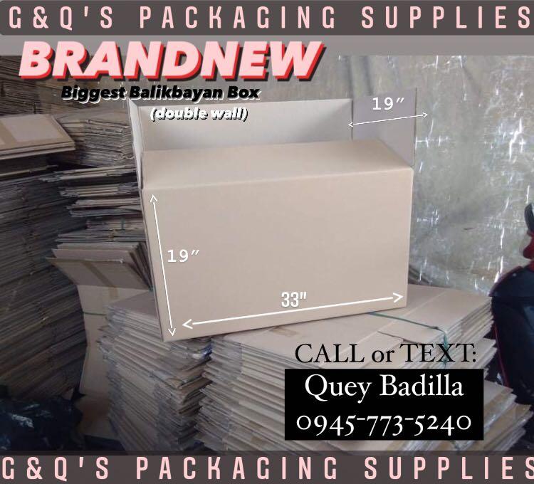 Brandnew & 2ndhand Corrugated box atbp. (Category: Storage Boxes & Baskets) located in Quezon City. Submitted by gq.packagingsupplies.ph (Listing ID 1080056949, Image 2). Description: BRANDNEW BALIKBAYAN BOX 🛒33” x 19” x 19” biggest heavy duty / double wall 🛒20” x 20” x 20” double wall 2NDHAND BOX; 🛒18” x 17” x 18” (single wall) 🛒18” x 15” x 13” (single wall) 🛒22” x 12” x 12” for 6 gallon (double wall) 🛒13” x 13” x 12” for 4gallon (single w