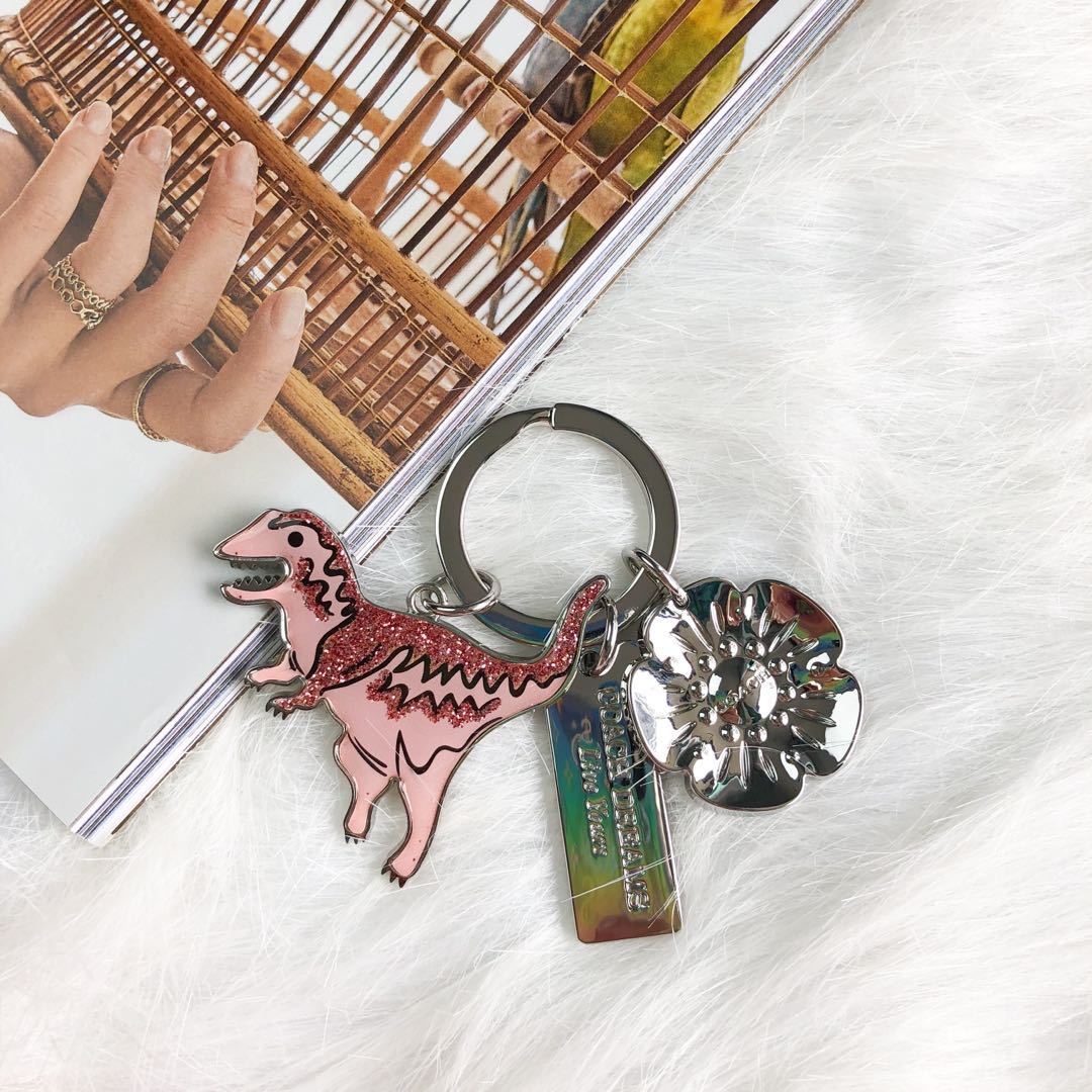 Coach, Accessories, Coach Fragrance Glitter Rexy Dinosaur 3 Charm Keychain  Flower Pink Glitter