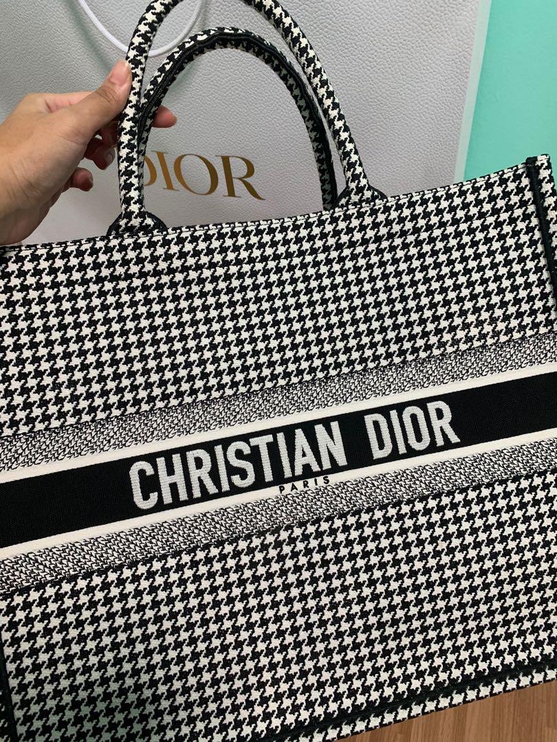 Christian Dior Canvas Embroidered Large Houndstooth Book Tote Beige   STYLISHTOP
