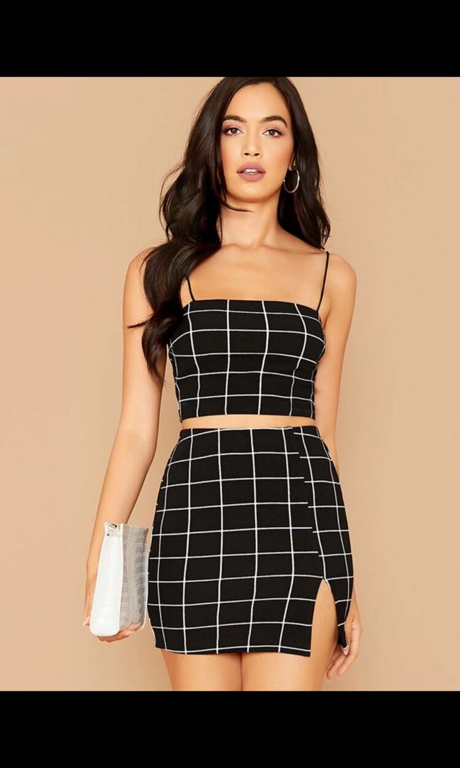 Grid cami top & split hem slim skirt set clearance