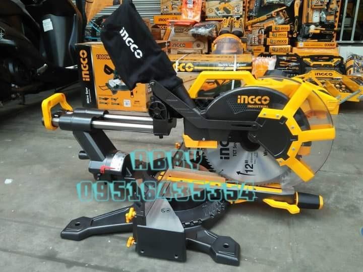 INGCO 2400W Sliding Mitre Saw (Category: Construction Tools & Equipment) located in Caloocan City. Submitted by abieghail (Listing ID 1080157696, Image 1). Description: INGCO Industrial BM2S24001 Sliding Mitre Saw - Aluminum Base - Dust Bag Keep Work Area Clean - Double Bar for Smooth Sliding Model: BM2S24001 Voltage: 220-240V~50-60Hz Input Power: 2400W No-load Speed: 5000rpm Blade Size: 305mmx30mm (12") Max.Cutting Capacity: 109x315mm Miter Cuts